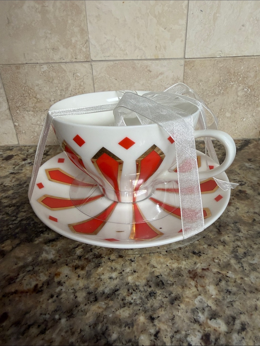 Vintage White Teacup and Saucer with Red and Gold Geometric Pattern